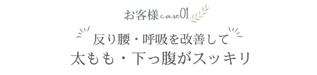 お客様の改善事例を紹介する見出し画像。「反り腰・呼吸を改善して太もも・下っ腹がスッキリ」と、ピラティスによる体型変化を伝える内容。