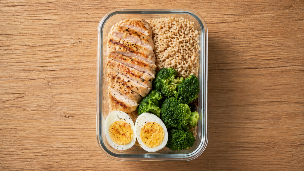鶏むね肉と玄米とブロッコリーのお弁当(ガラス容器)